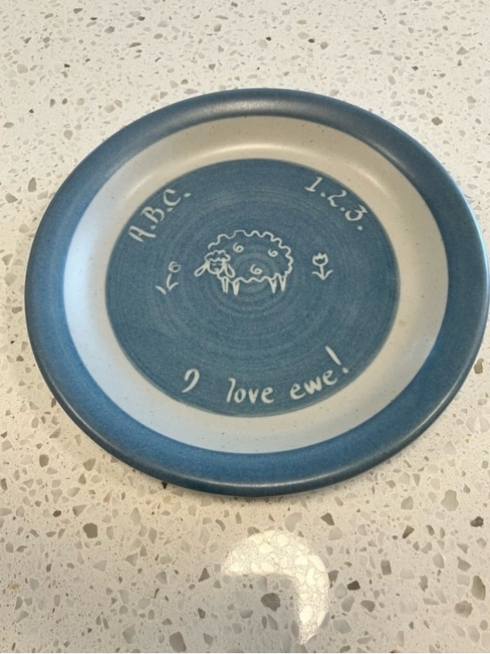 Blue and Cream Pottery Child’s Plate, signed - I Love Ewe Sheep Design